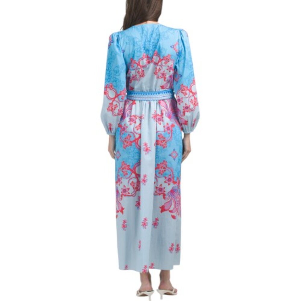 CELINA MOON Long Sleeve Belted Color Blocked Maxi Shirt Dress - Picture 2 of 4